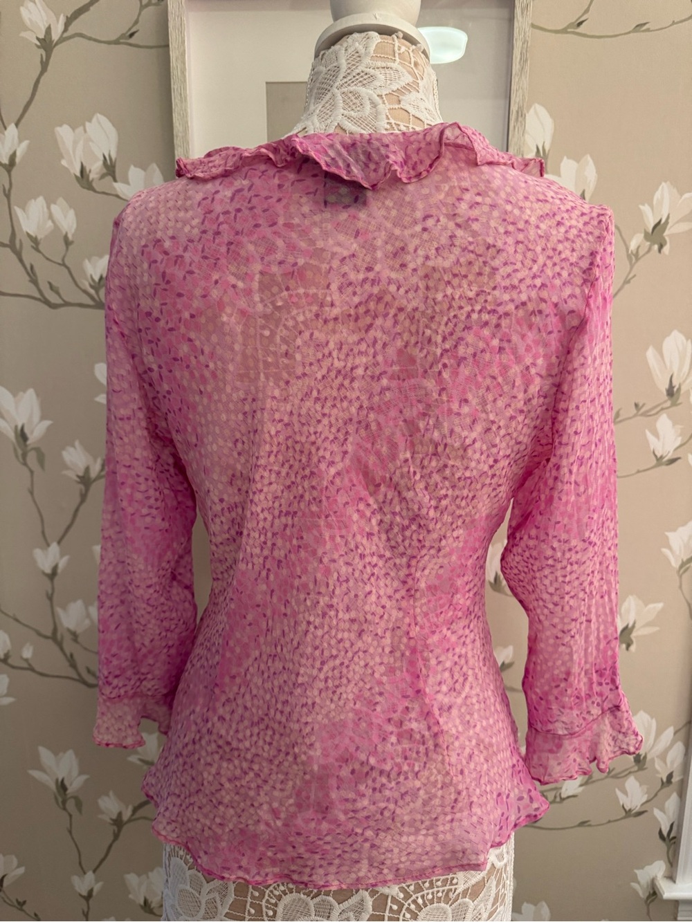 Pink Ruffled V-Neck Women's Blouse - Picture 3 of 6